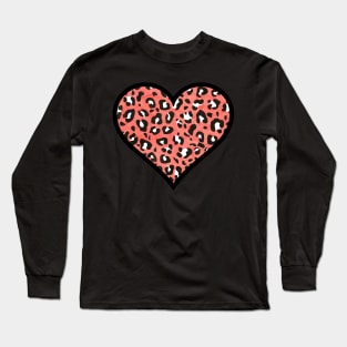 Coral, Black and White Leopard Print Heart Long Sleeve T-Shirt